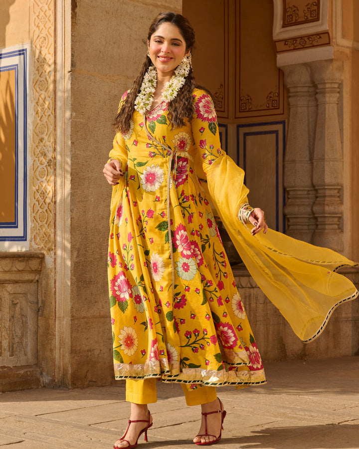 Iltija Yellow Printed Chanderi Suit Set
