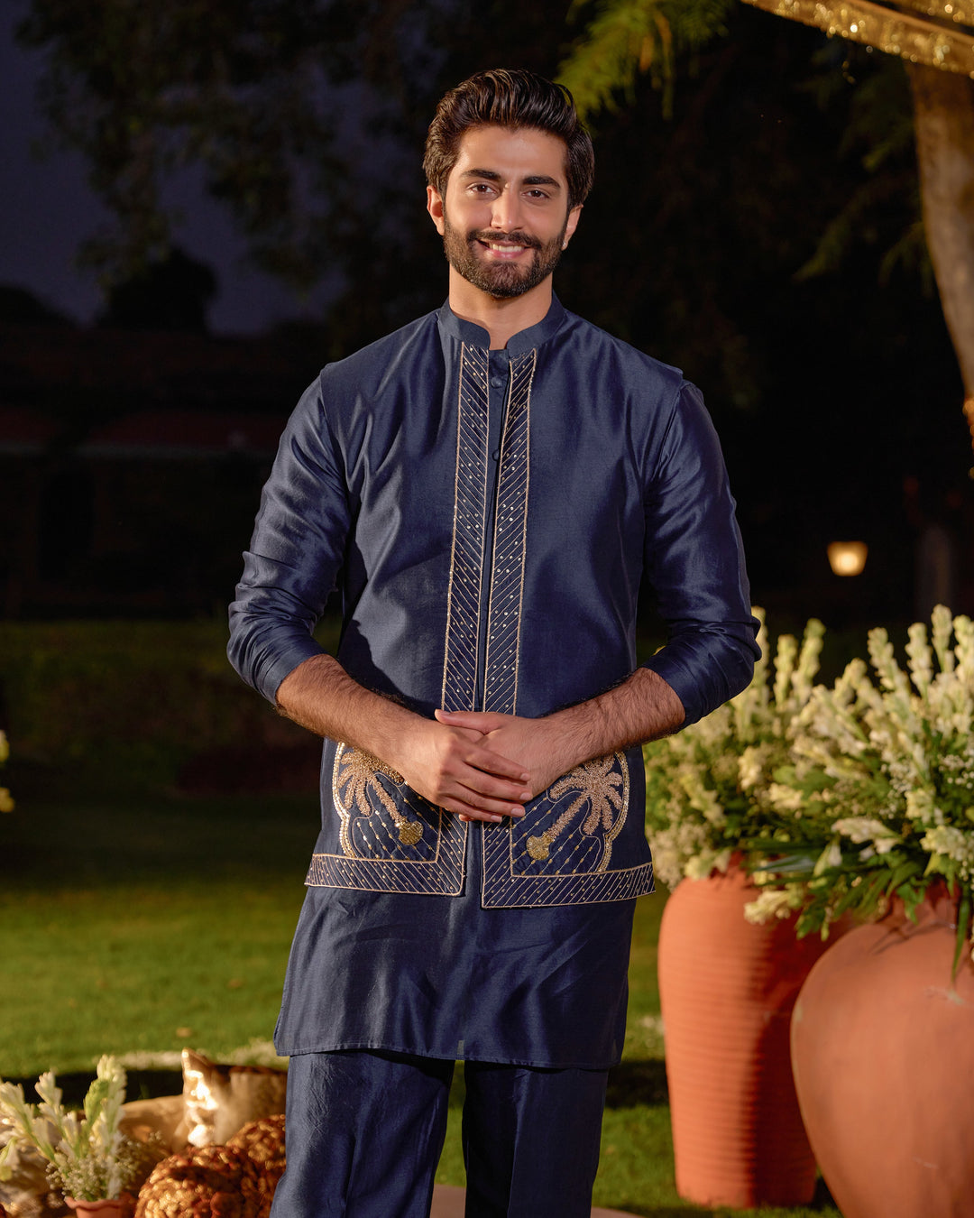 Vishnu Navy Chanderi Embroidered Jacket And Kurta Set