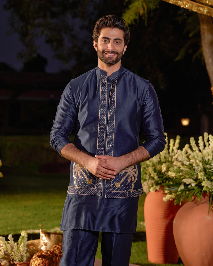 Vishnu Navy Chanderi Embroidered Jacket And Kurta Set