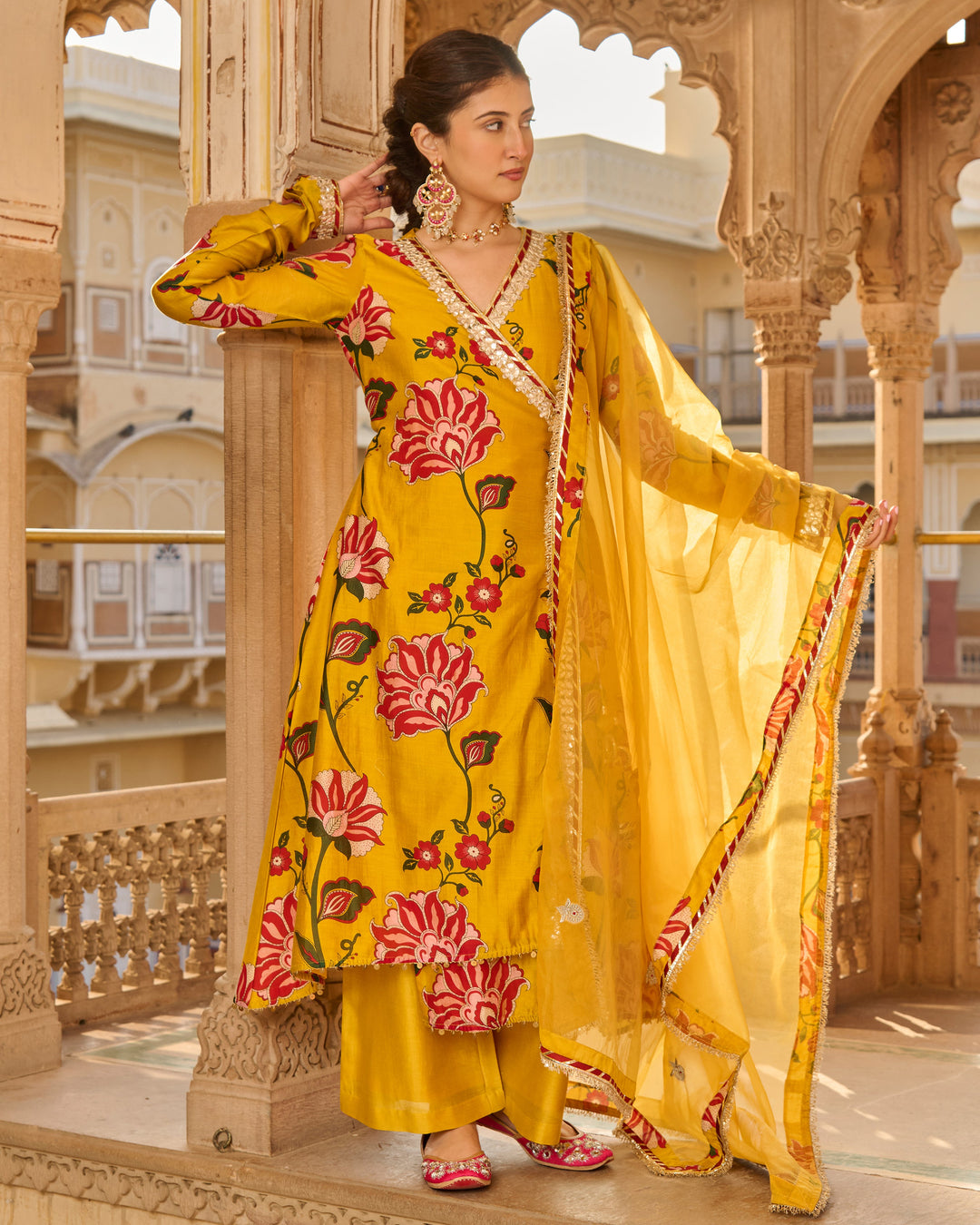 Sana Mustard Printed Chanderi Suit Set