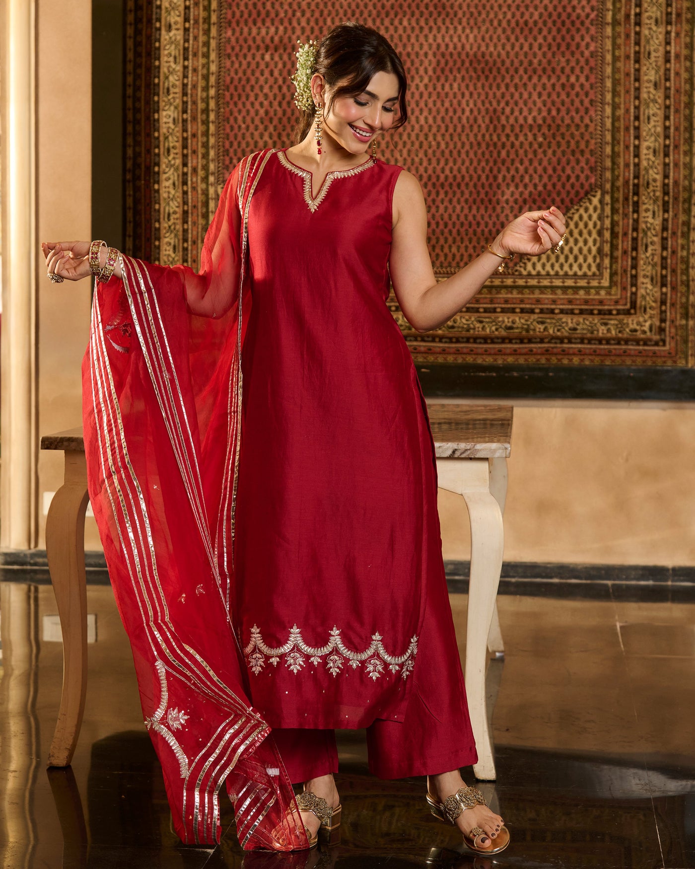 Jugni Maroon Solid Chanderi Suit Set