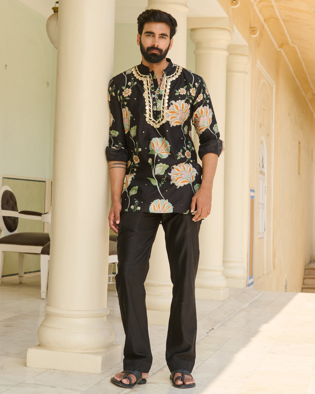 Rudra Black Printed Chanderi Kurta