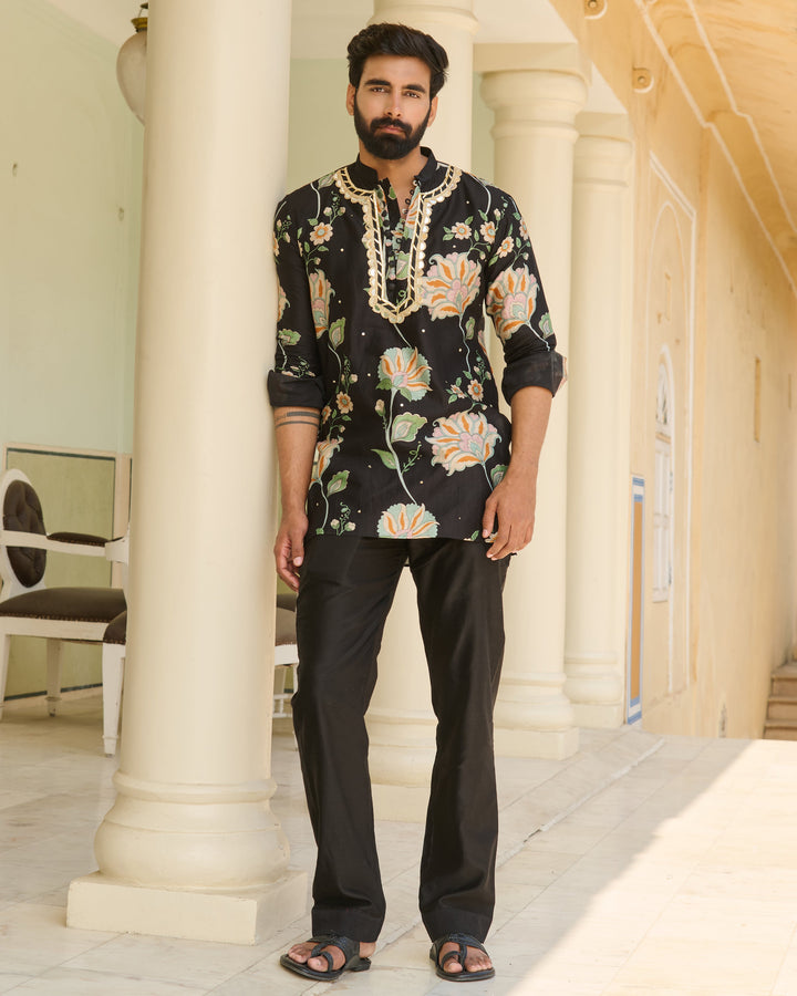 Rudra Black Printed Chanderi Kurta
