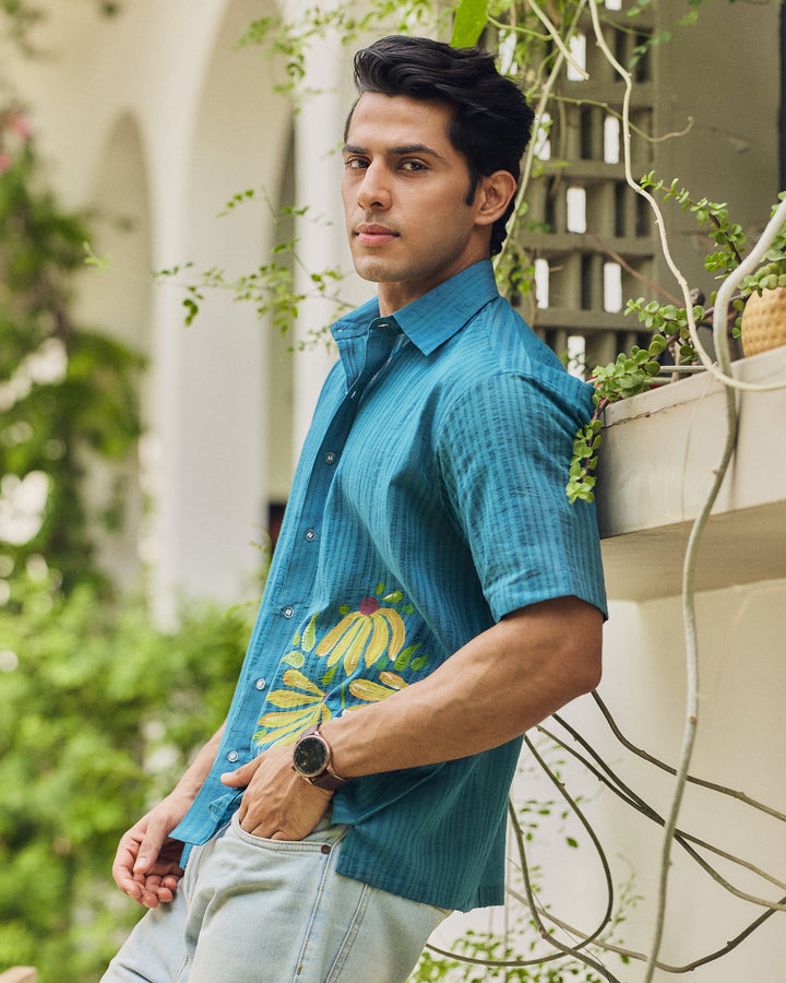 Mohan Teal Cotton Dobby Handpainted Shirt