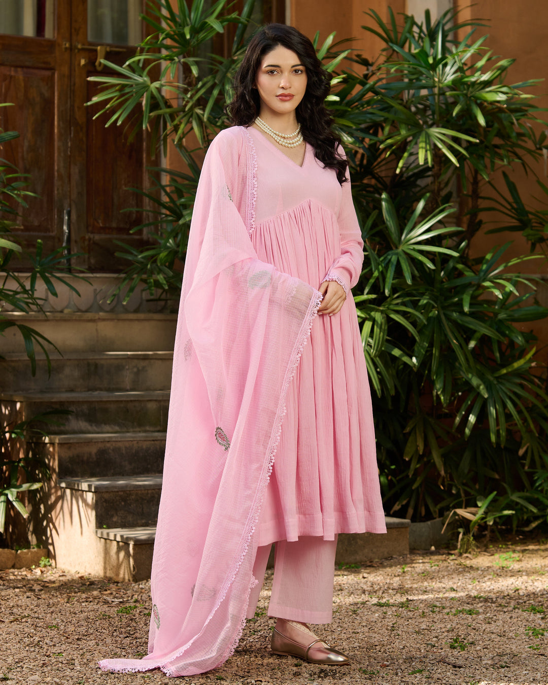 Pero Light Pink Embroidered Cotton Crush Suit Set
