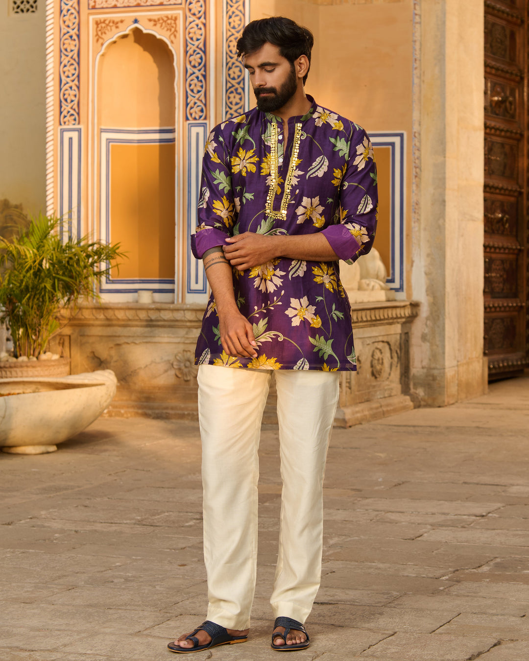Yuvraj Purple Printed Chanderi Kurta