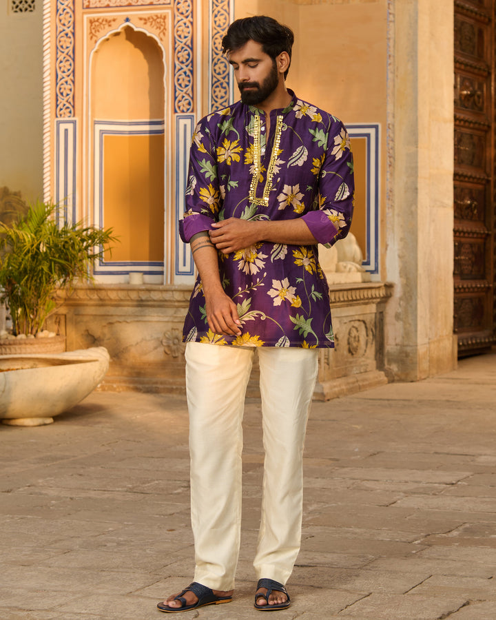 Yuvraj Purple Printed Chanderi Kurta