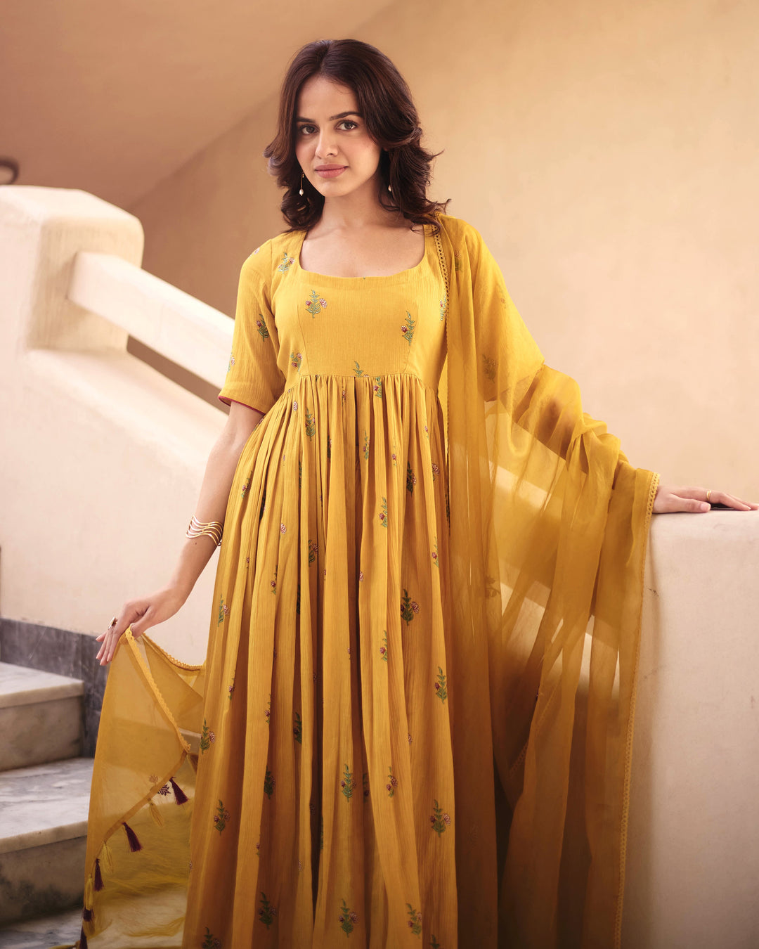 Zina Mustard Cotton Crush Printed Suit Set