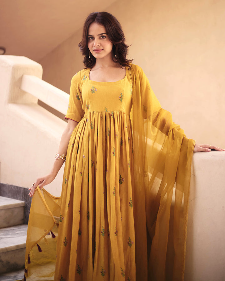 Zina Mustard Cotton Crush Printed Suit Set