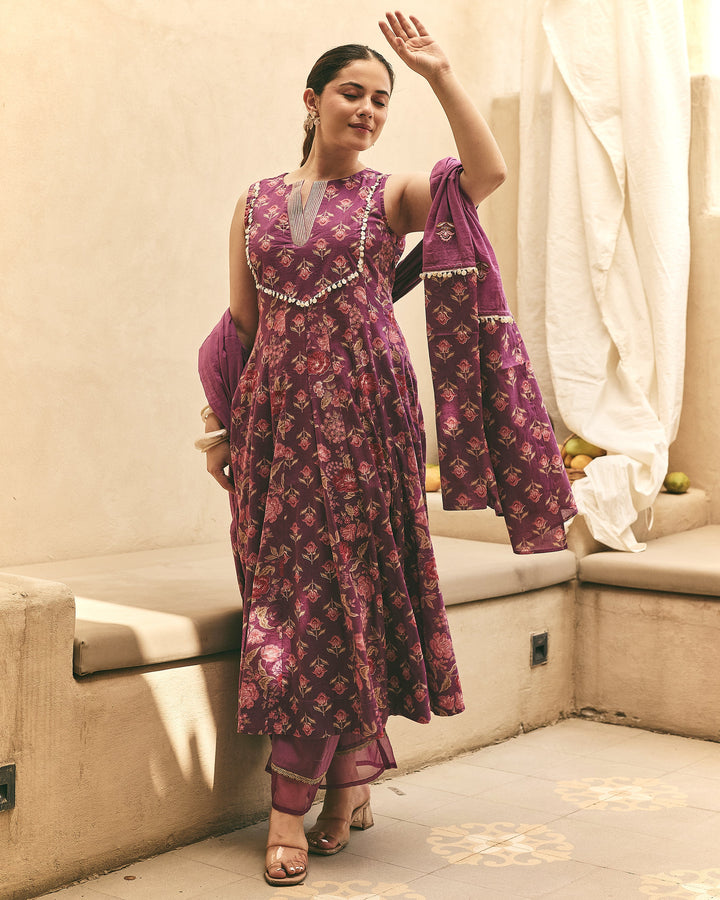 Inaya Purple Cotton Printed Suit Set