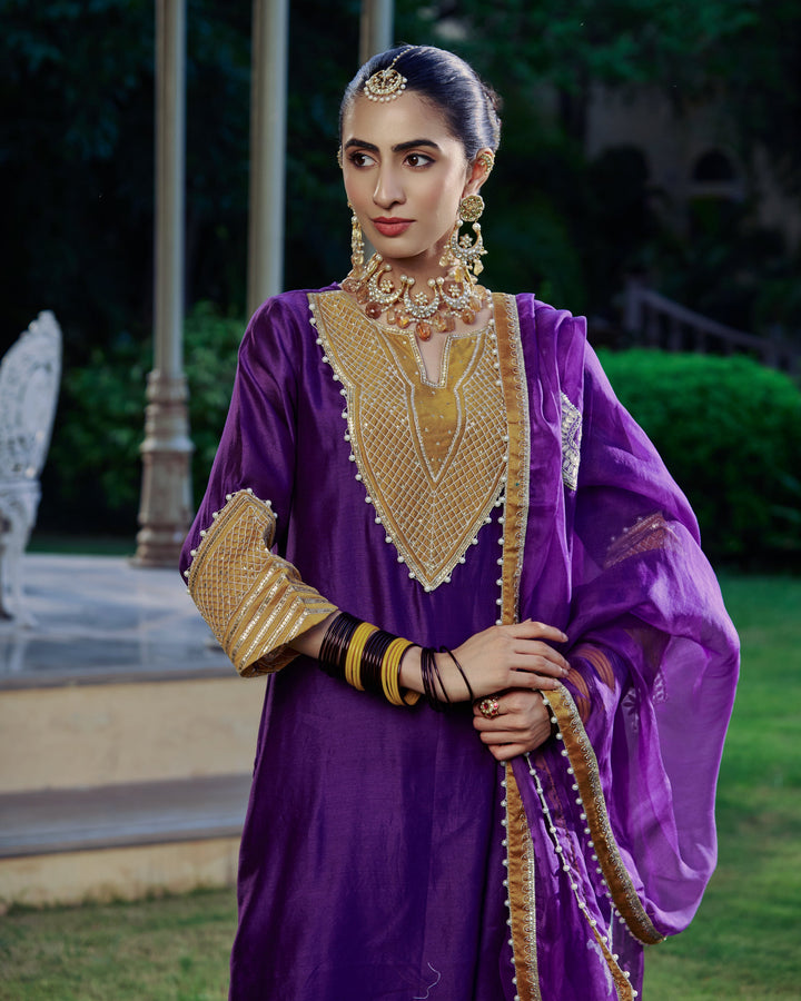Ambika Purple Embroidered Chanderi Suit Set