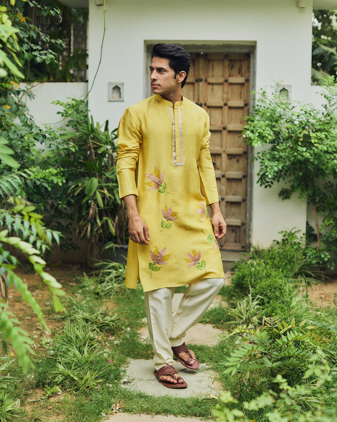 Aurev Yellow Handpainted Silk Kurta