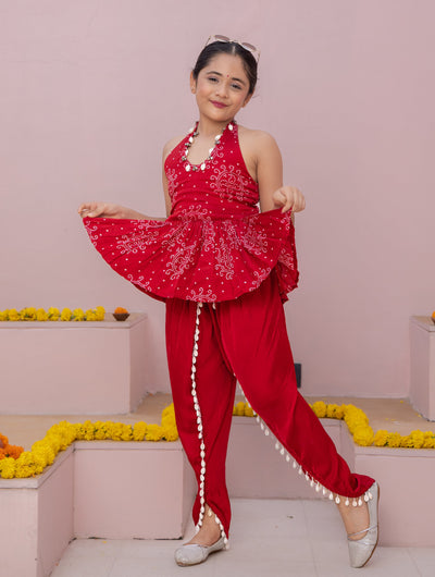 Mrunal Red Bandhani Satin Coord Set