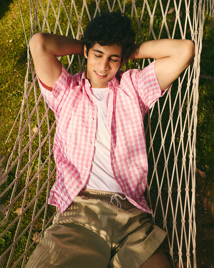 Enzo Pink Cotton Checks Printed Shirt