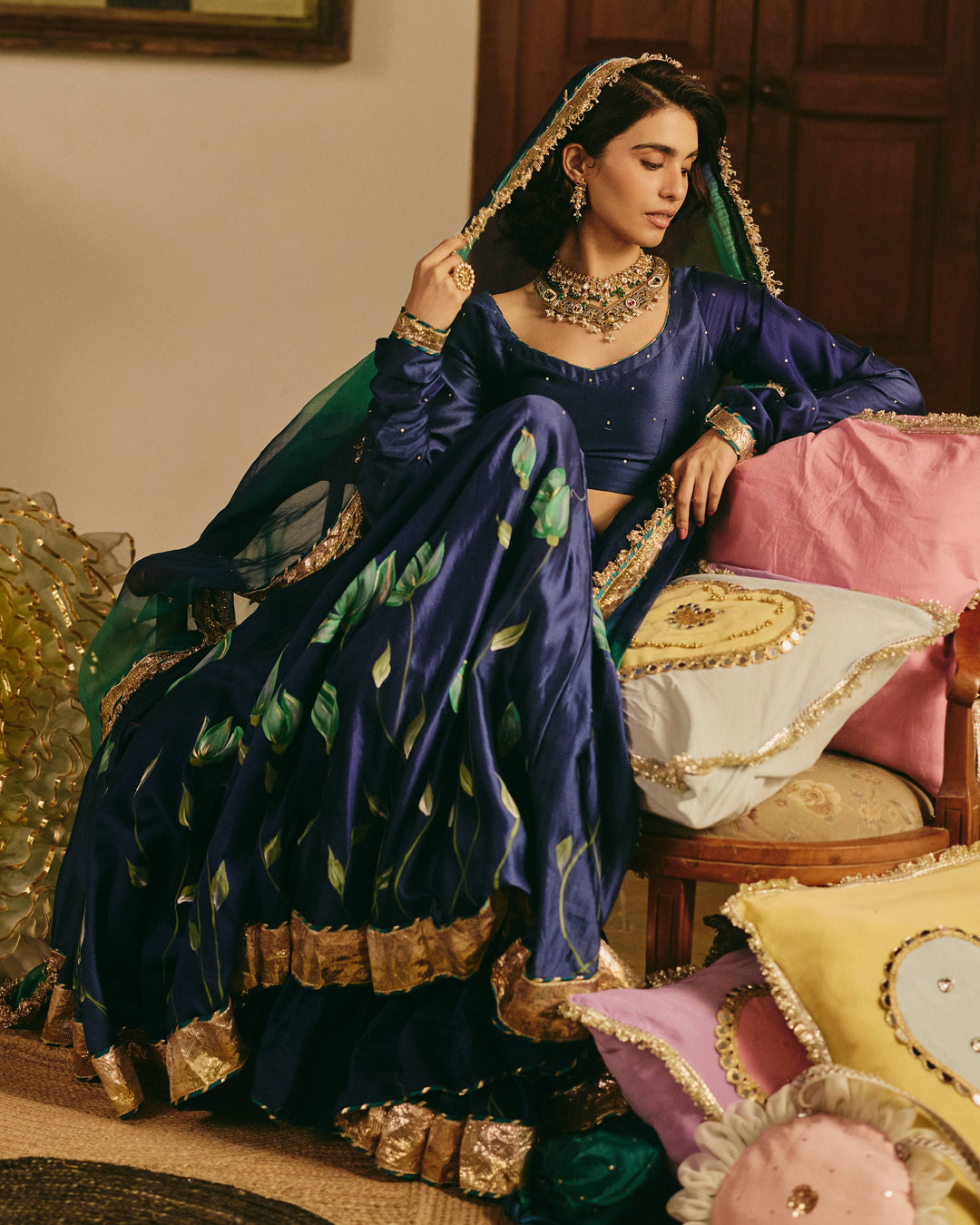 Varnesha Blue Handpainted Chanderi Lehenga Set