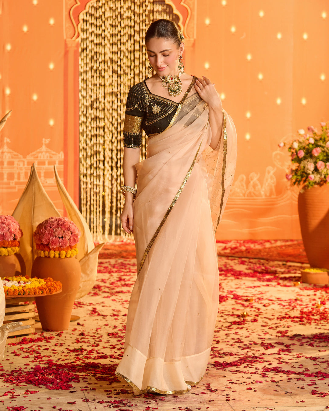 Amaira Black Embroidered Satin Aangi Blouse And Saree