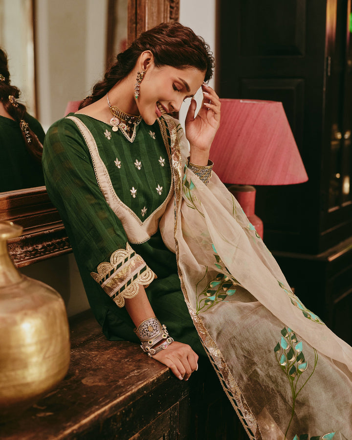 Rangita Green Handpainted Cotton Checks Suit Set