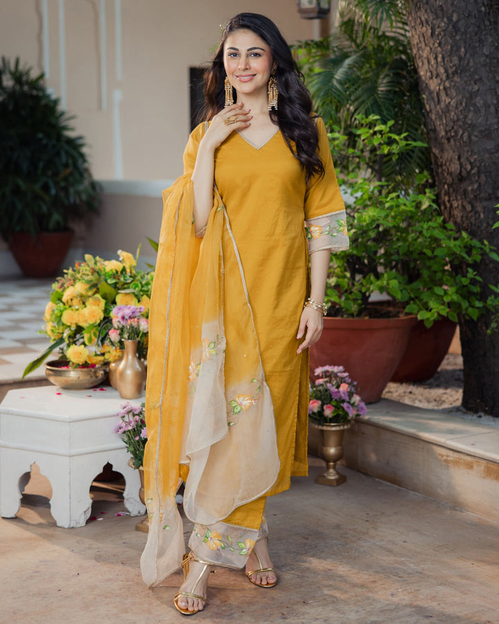 Kadamb Mustard Handpainted Chanderi Suit Set