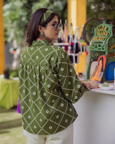 Lama Green Bandhani Cotton Shirt