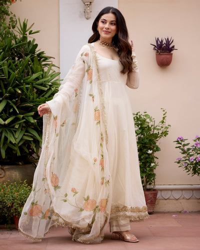 Gulnaar Off White Handpainted Chanderi Suit Set