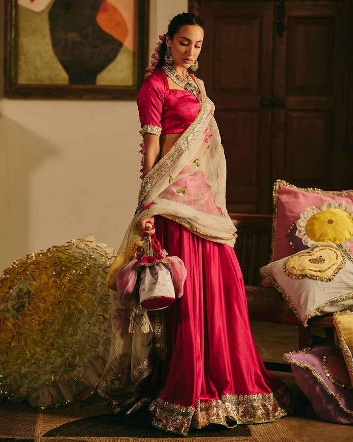 Kalvani Pink Handpainted Satin Lehenga Set