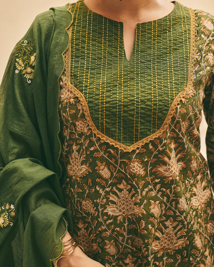 Kalyaa Green Cotton Printed Suit Set