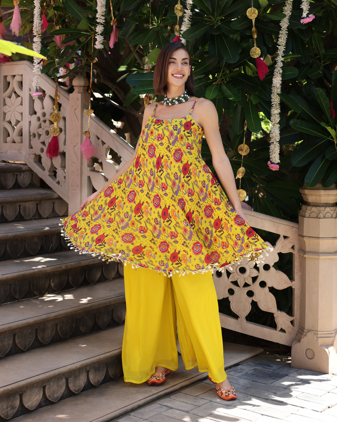 Sunflower Yellow Symphony Printed Chinon Coord Set