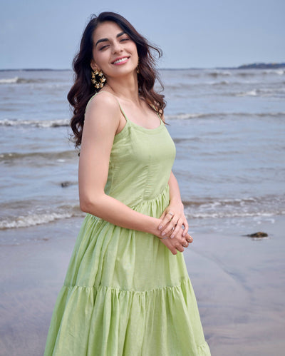 Aviary Green Solid Linen Georgette Dress