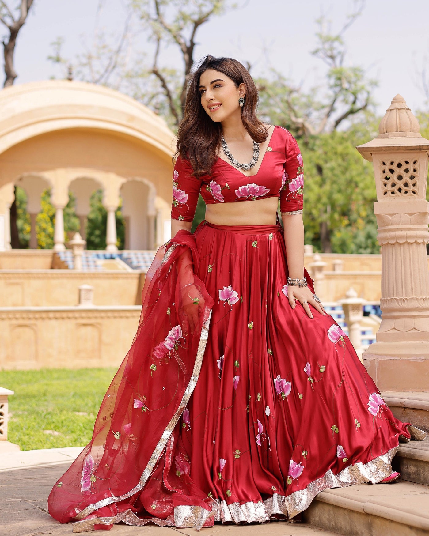 Gulsheen Handpainted Satin Lehenga Set