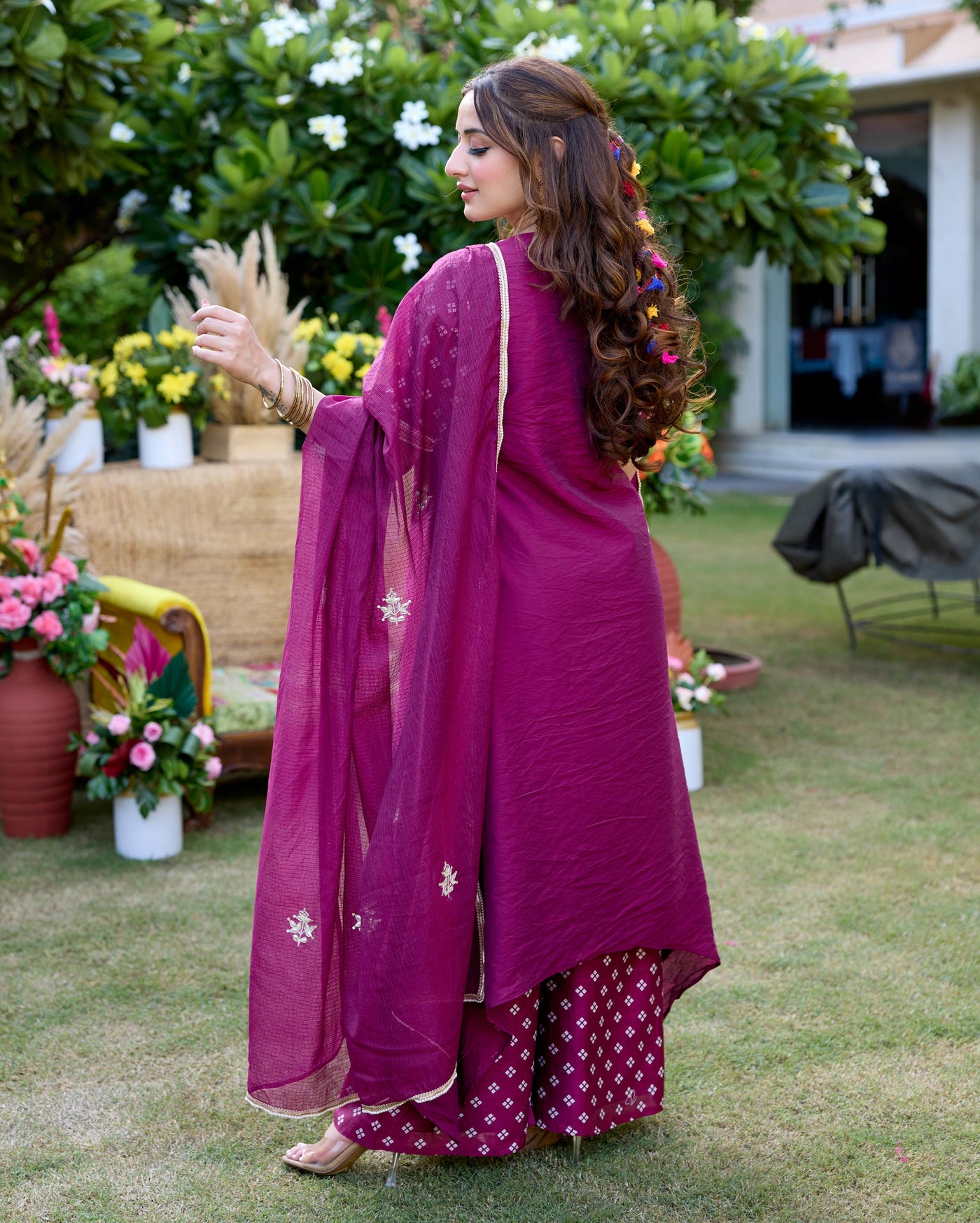 Shrishti Plum Bandhani Chanderi Suit Set