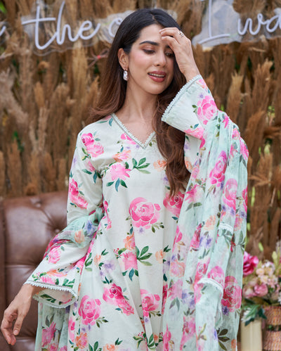 Zinnia Green Printed Cotton Suit Set