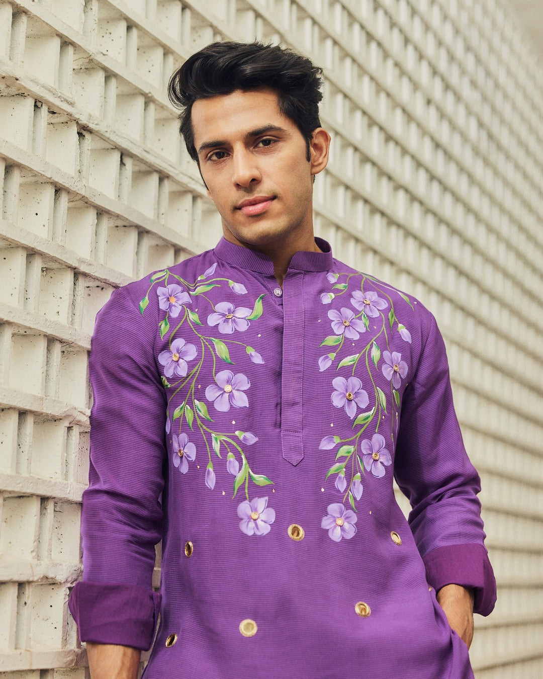 Rudvek Purple Handpainted Tabby Stripes Kurta