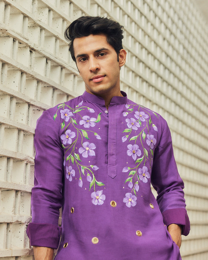 Rudvek Purple Handpainted Tabby Stripes Kurta