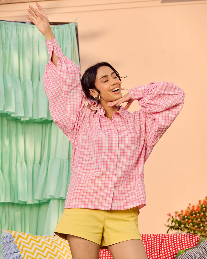 Kethrin Pink Brown Cotton Checks Shirt