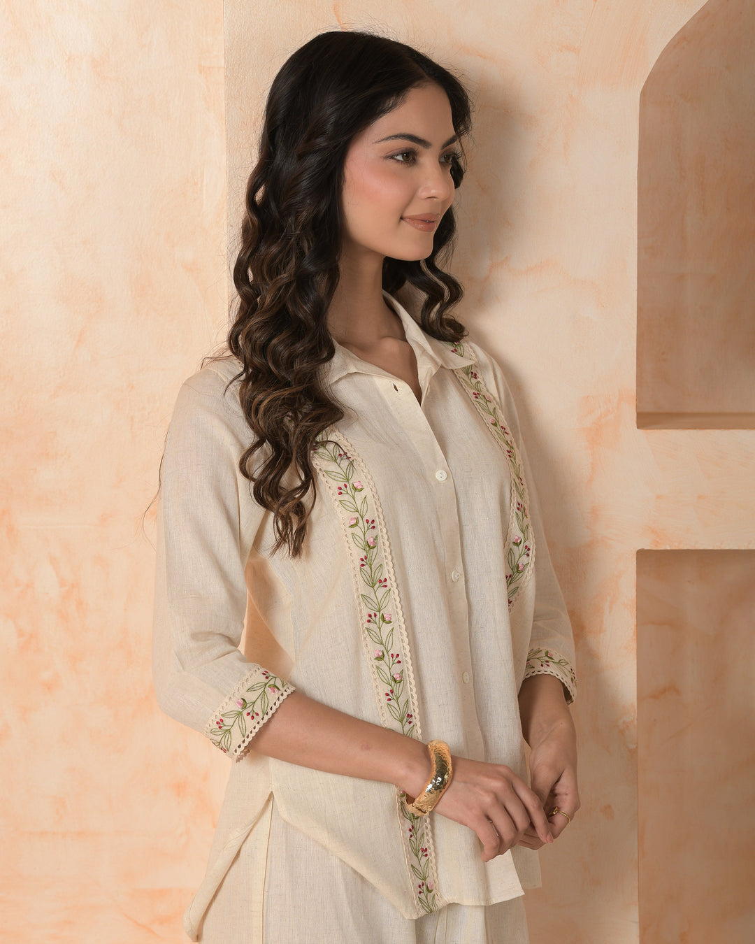 Zafira Cream Embroidered Cotton Flex Coord Set