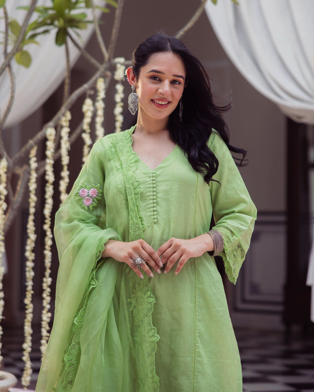 Neo Green Embroidered Chanderi Suit Set