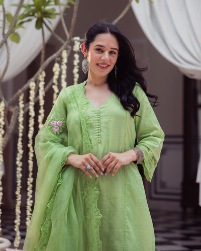 Neo Green Embroidered Chanderi Suit Set