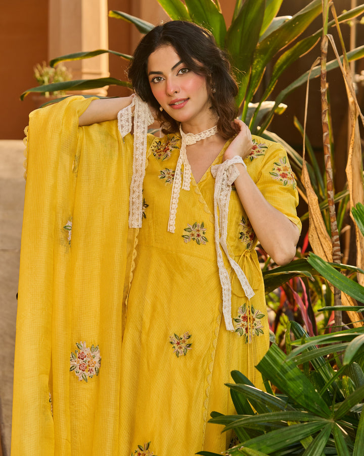 Kesari Yellow Embroidered Doria Suit Set