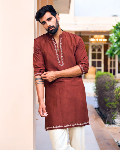 Rajvansh Brown Embroidered Silk Kurta