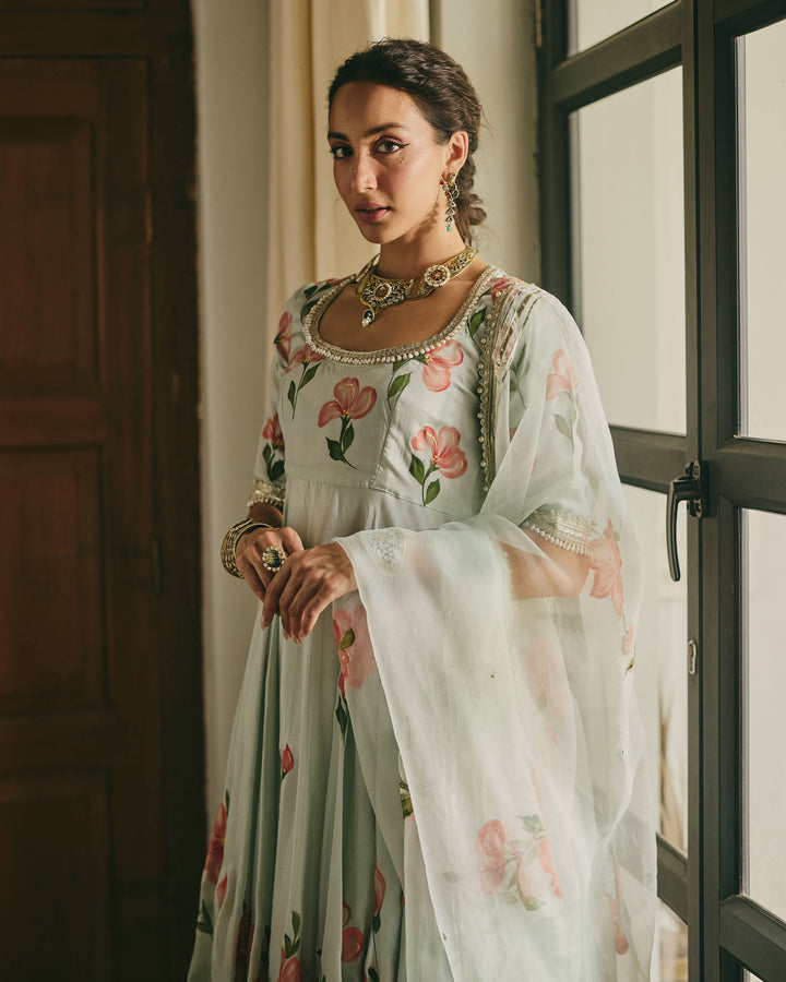 Varaz Blue Handpainted Viscose Organza Suit Set