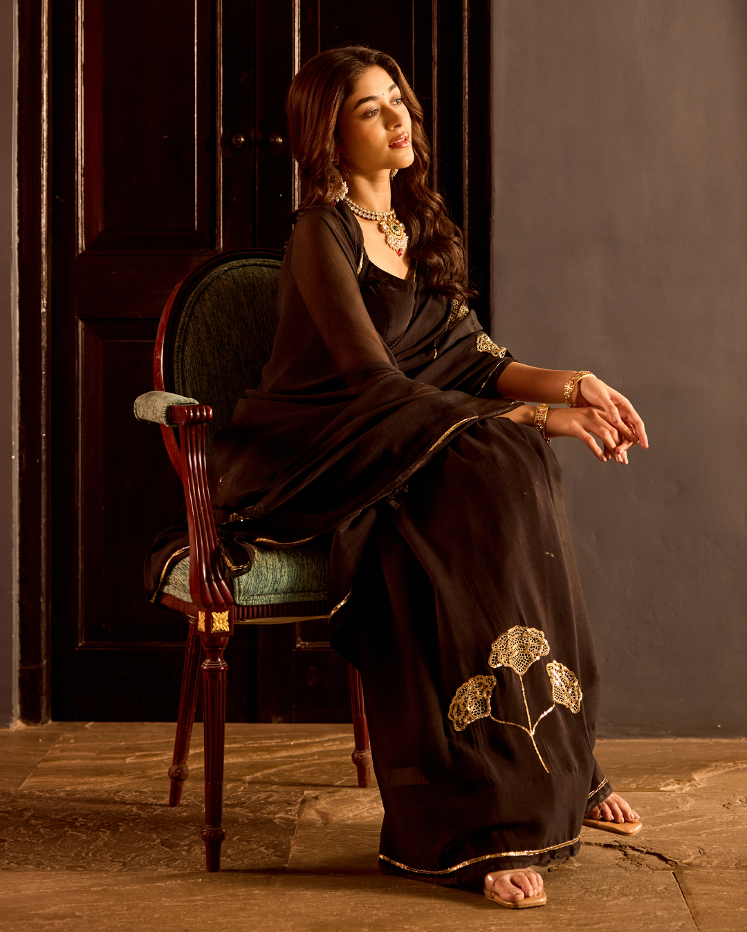 Kanti Black Handcrafted Chiffon Saree
