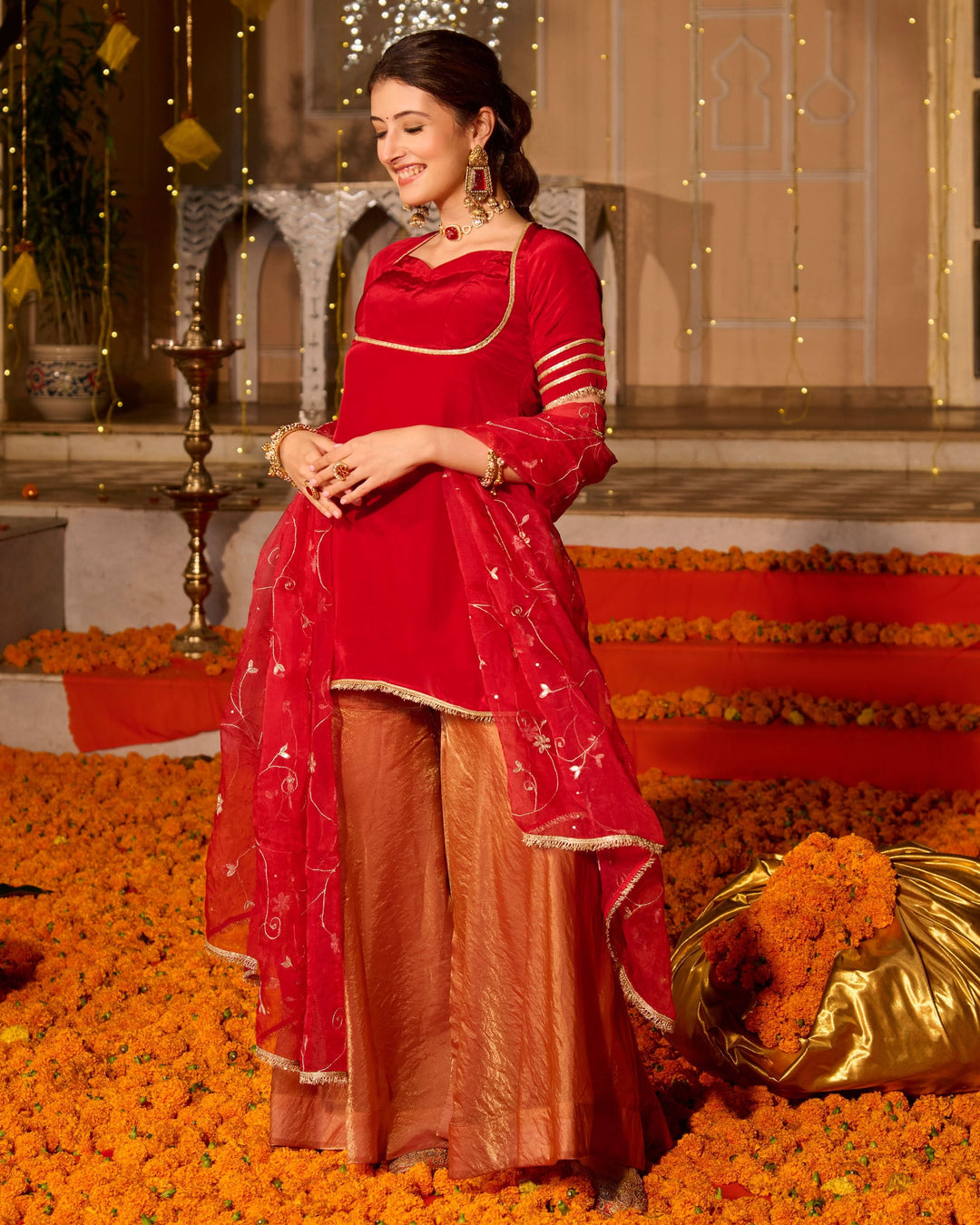 Shubhi Red Solid Satin Sharara Set