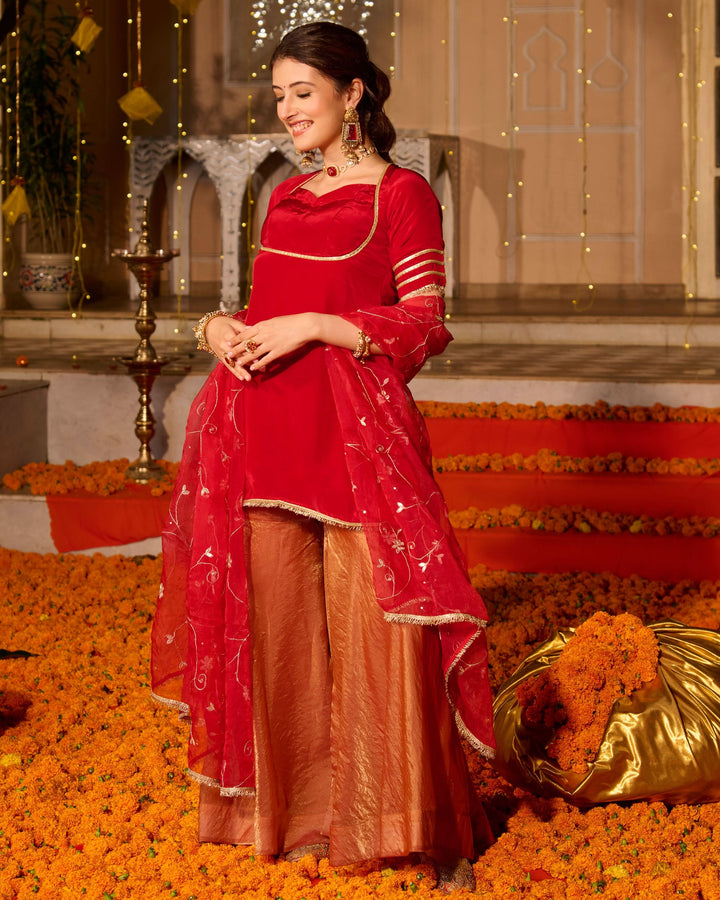 Shubhi Red Solid Satin Sharara Set