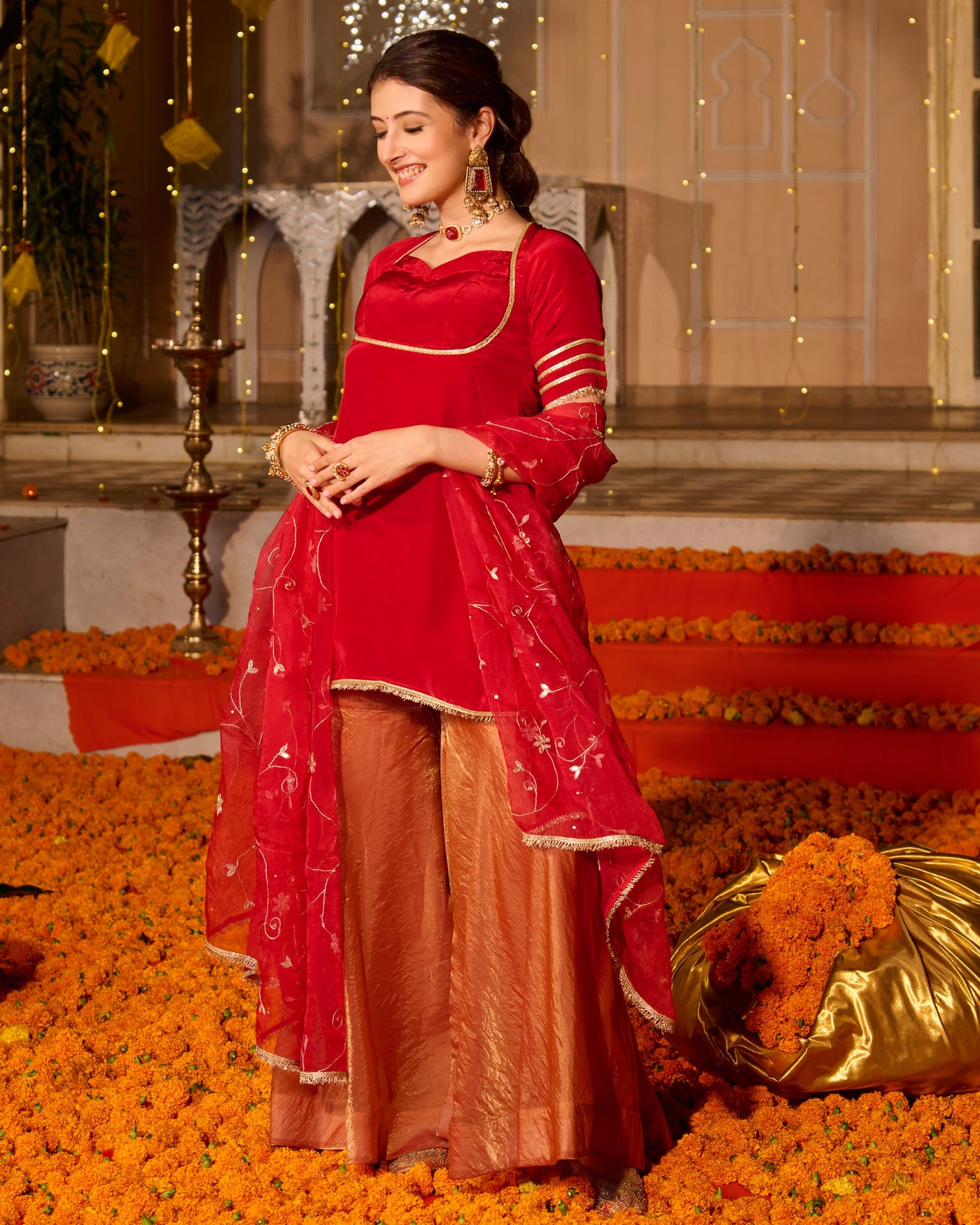Shubhi Red Solid Satin Sharara Set