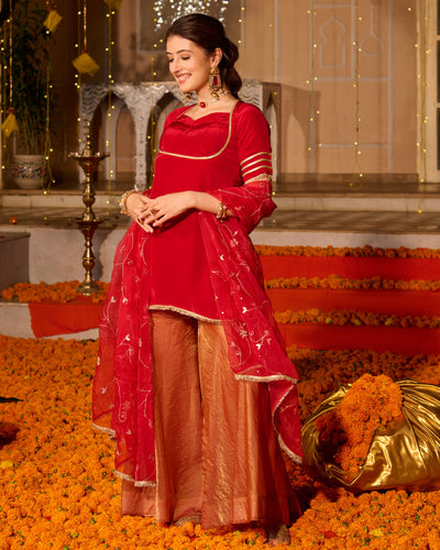 Shubhi Red Solid Satin Sharara Set