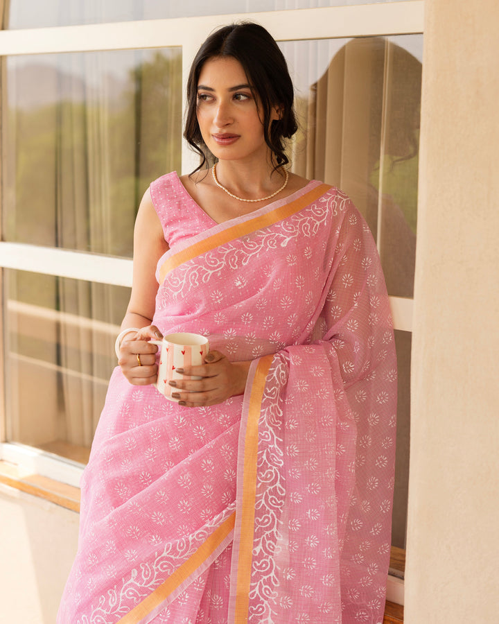 Saanvi Baby Pink Doria Printed Saree