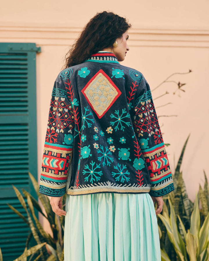 Azurelle Blue Velvet Suzani Jacket