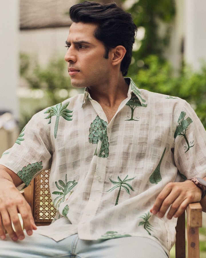 Nihal Off White Printed Cotton Checks Shirt