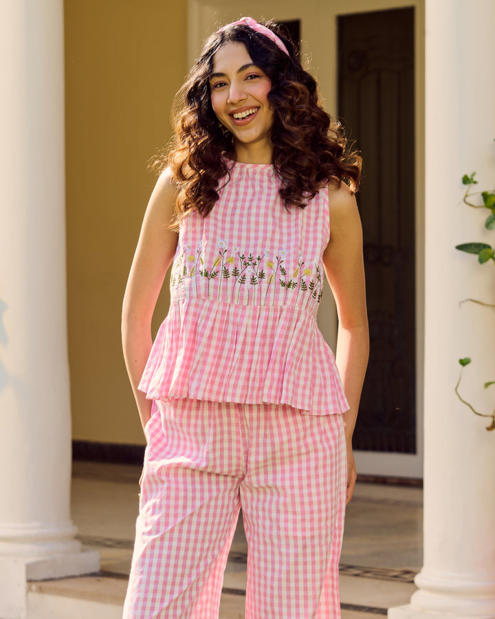 Darina Pink Embroidered Cotton Checks Coord Set