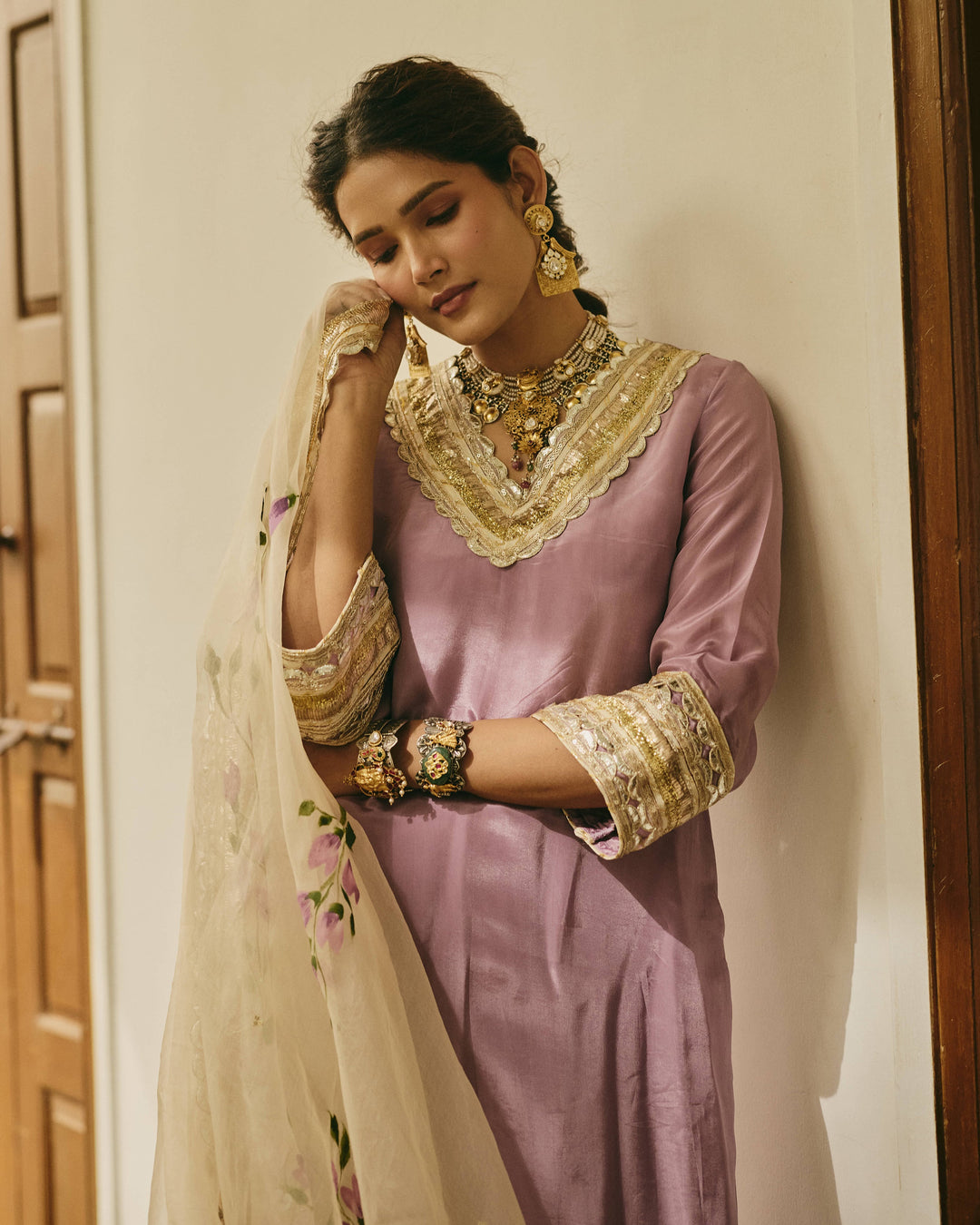 Zoyra Purple Handpainted Viscose Organza Suit Set